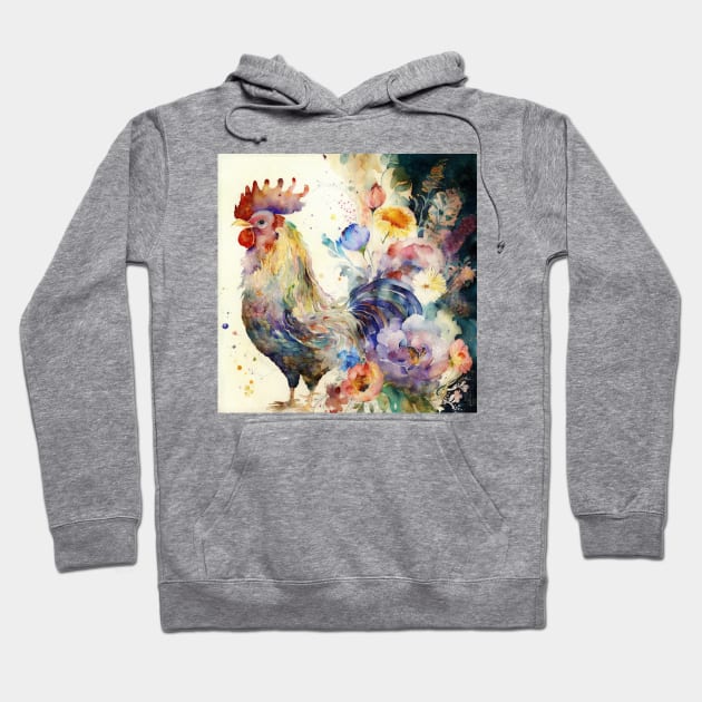 Cute Watercolor Floral Rooster, Farm Animal, Hoodie by Dream and Design